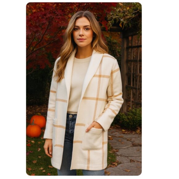 MARINE LAYER XS Liverpool Shawl Collar Coatigan in Cream Camel Windowpane - Picture 1 of 7